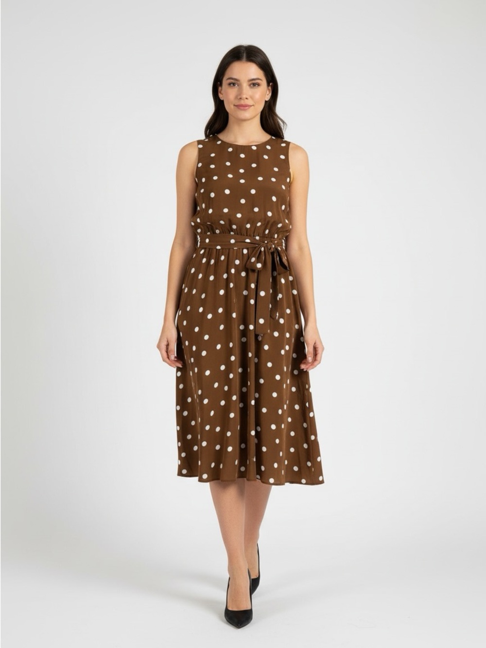 New SLNY Brown Polka Dot Sleeveless Midi Dress with Waist Tie size 16